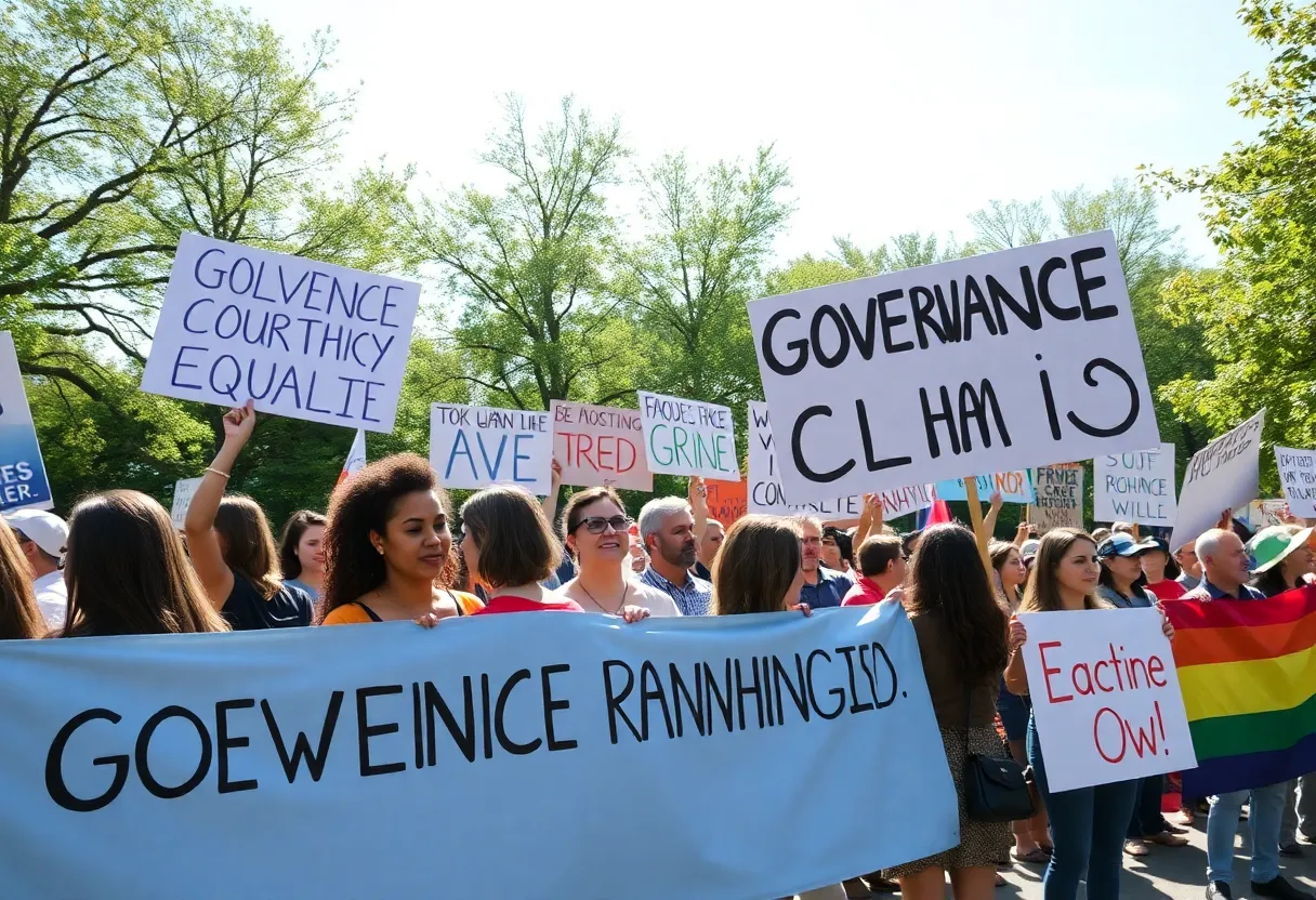 A group of peaceful protesters holding banners at Myriad Gardens in Oklahoma City