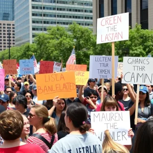 Crowd of protesters in Oklahoma City holding signs for No Kings protests