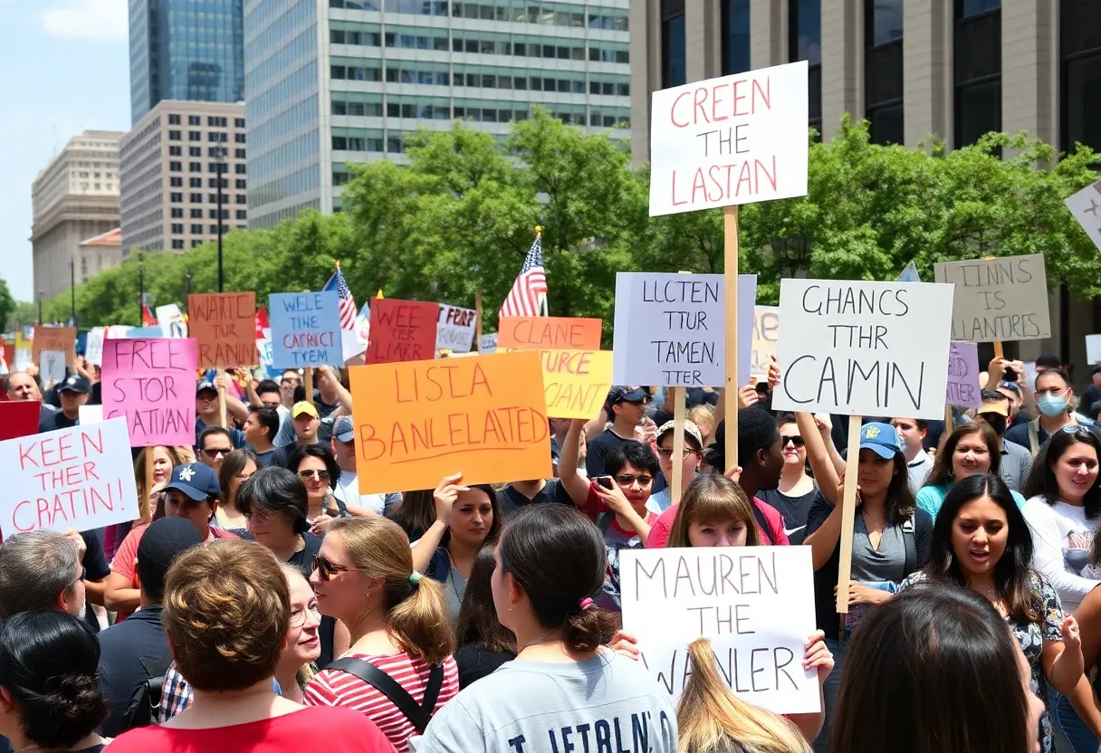 Crowd of protesters in Oklahoma City holding signs for No Kings protests