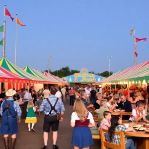 Crowds enjoying Oktoberfest at the Oklahoma City Fairgrounds with colorful tents and German festive atmosphere.