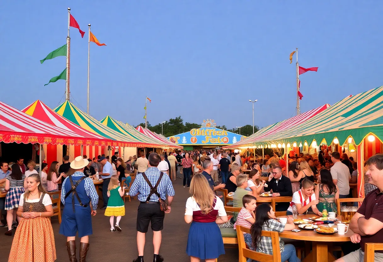 Crowds enjoying Oktoberfest at the Oklahoma City Fairgrounds with colorful tents and German festive atmosphere.