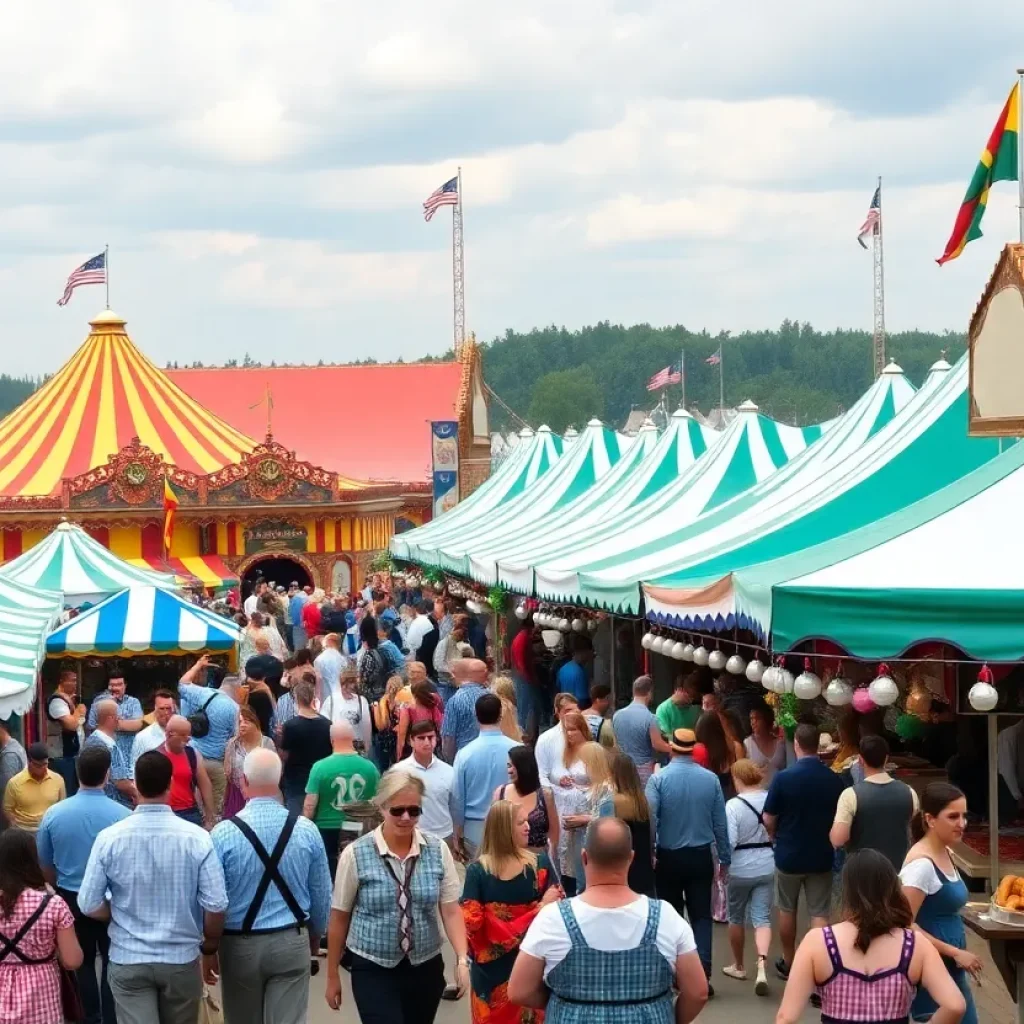 People enjoying Oktoberfest at the OKC Fairgrounds with traditional attire and food stands.
