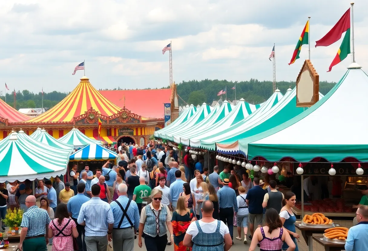 People enjoying Oktoberfest at the OKC Fairgrounds with traditional attire and food stands.