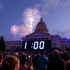 Crowd celebrating the 1,000-day countdown to the Olympics at State Capitol with fireworks