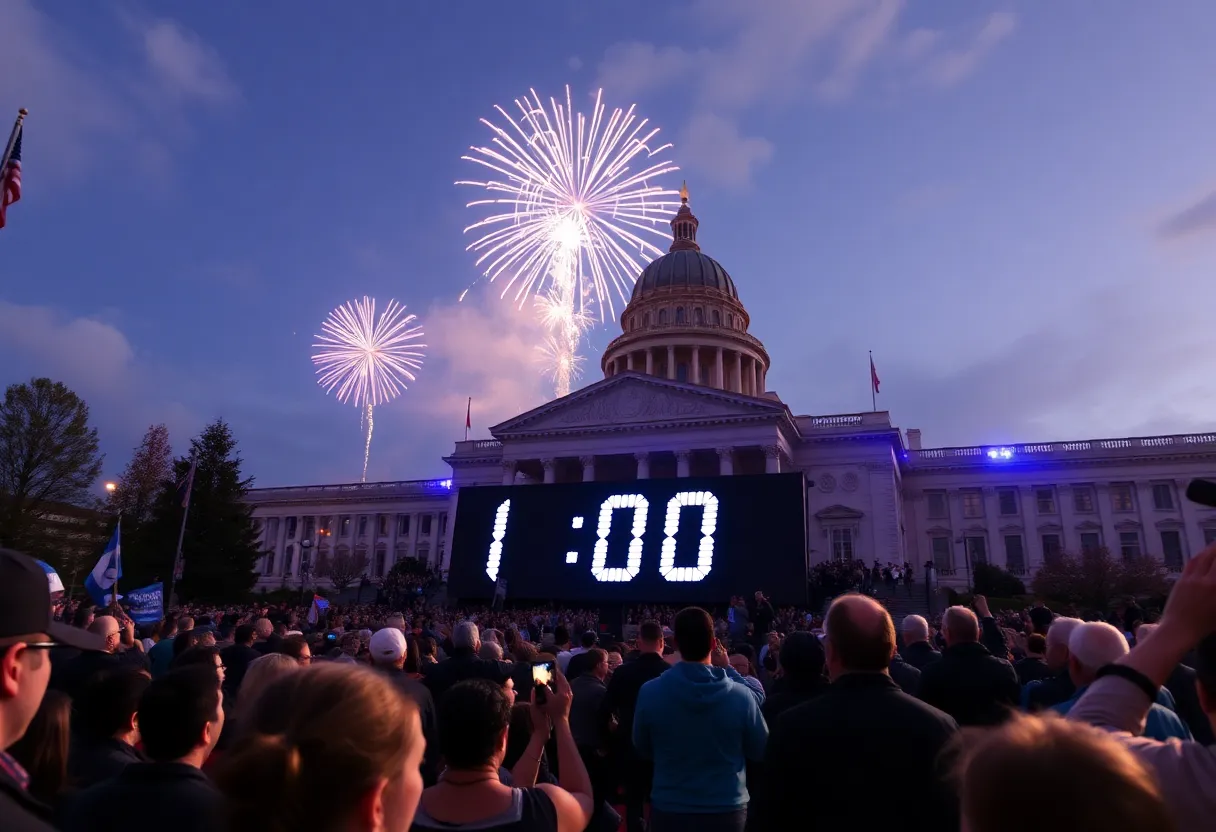Crowd celebrating the 1,000-day countdown to the Olympics at State Capitol with fireworks