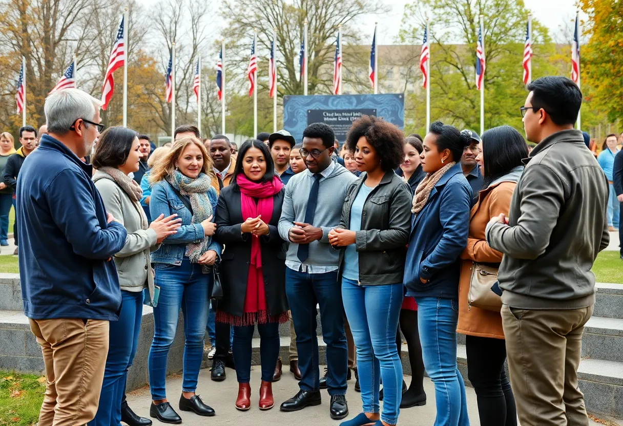 Community members participating in a dialogue about patriotism and unity at the Oklahoma City National Memorial.