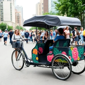 Custom bright red pedicab featuring unique artwork in Oklahoma City's downtown.
