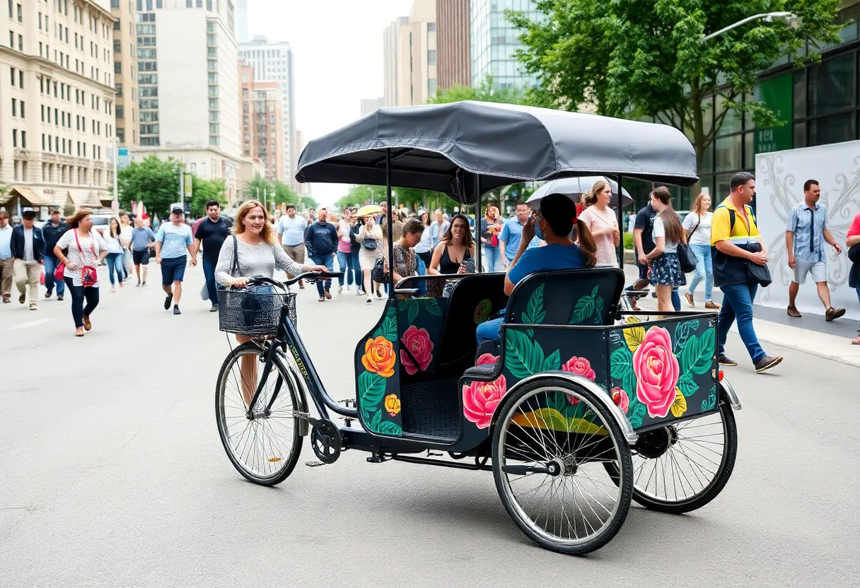 Custom bright red pedicab featuring unique artwork in Oklahoma City's downtown.