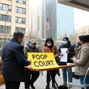A scene from Oklahoma City's pop-up court for homeless individuals with legal professionals assisting residents.