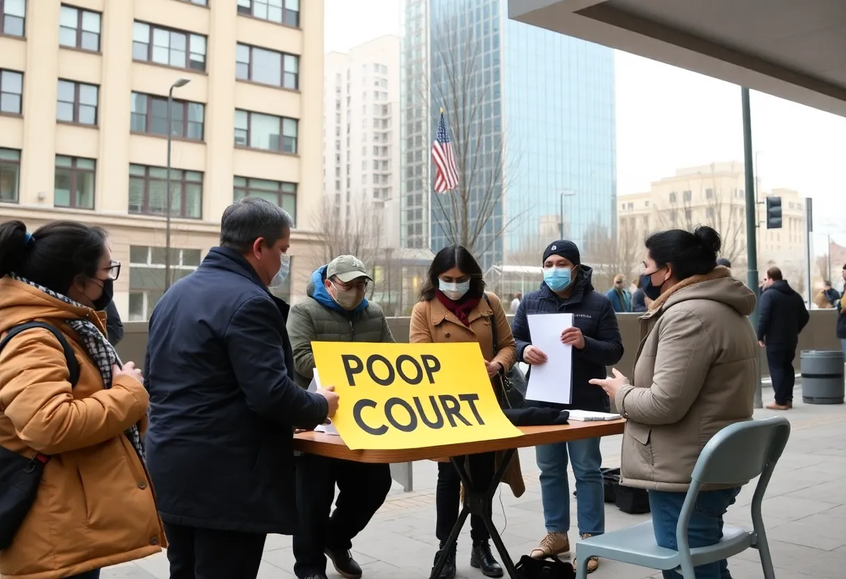 A scene from Oklahoma City's pop-up court for homeless individuals with legal professionals assisting residents.