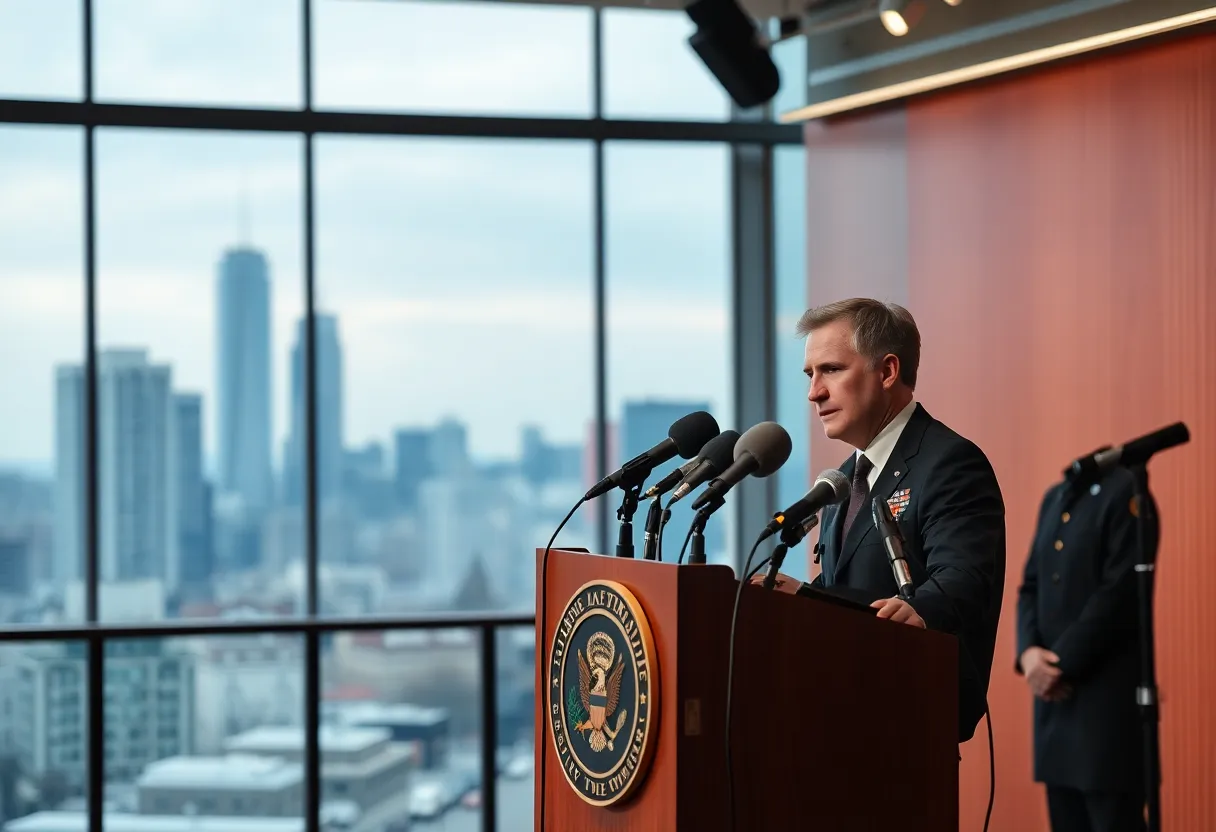 Press conference about justice system issues in Oklahoma City, featuring a podium and microphones.