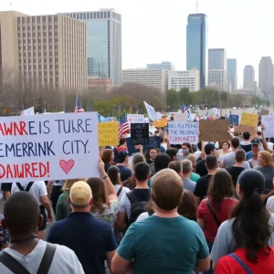Crowds gathered peacefully at the Oklahoma City protests holding unity and democratic values banners.