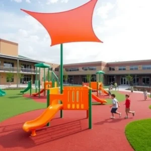 Children playing in a newly upgraded school playground in Oklahoma City.