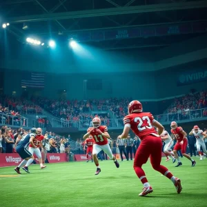 Players from Oklahoma City Shock and San Antonio Gunslingers competing in a high-stakes indoor football match.