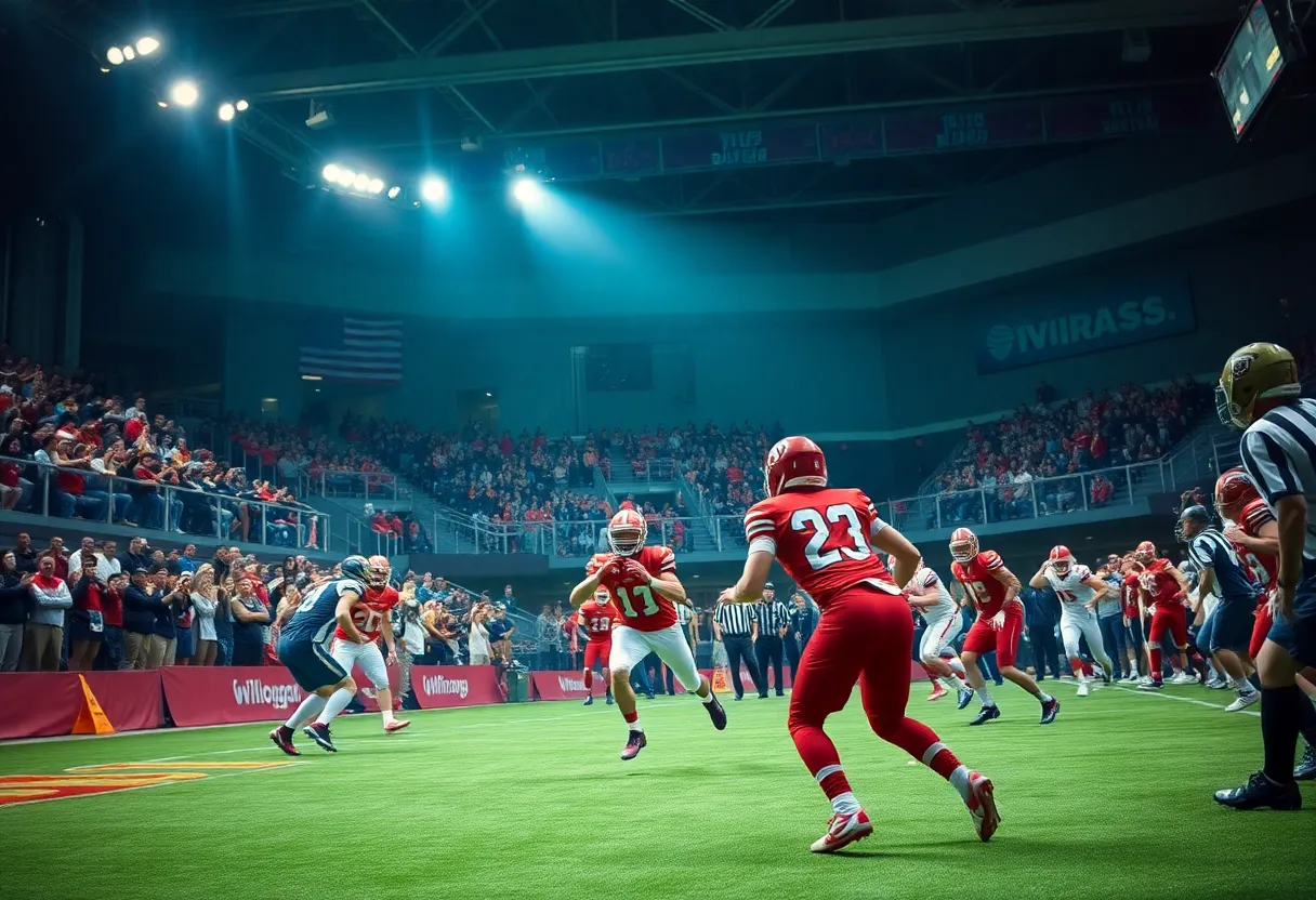 Players from Oklahoma City Shock and San Antonio Gunslingers competing in a high-stakes indoor football match.