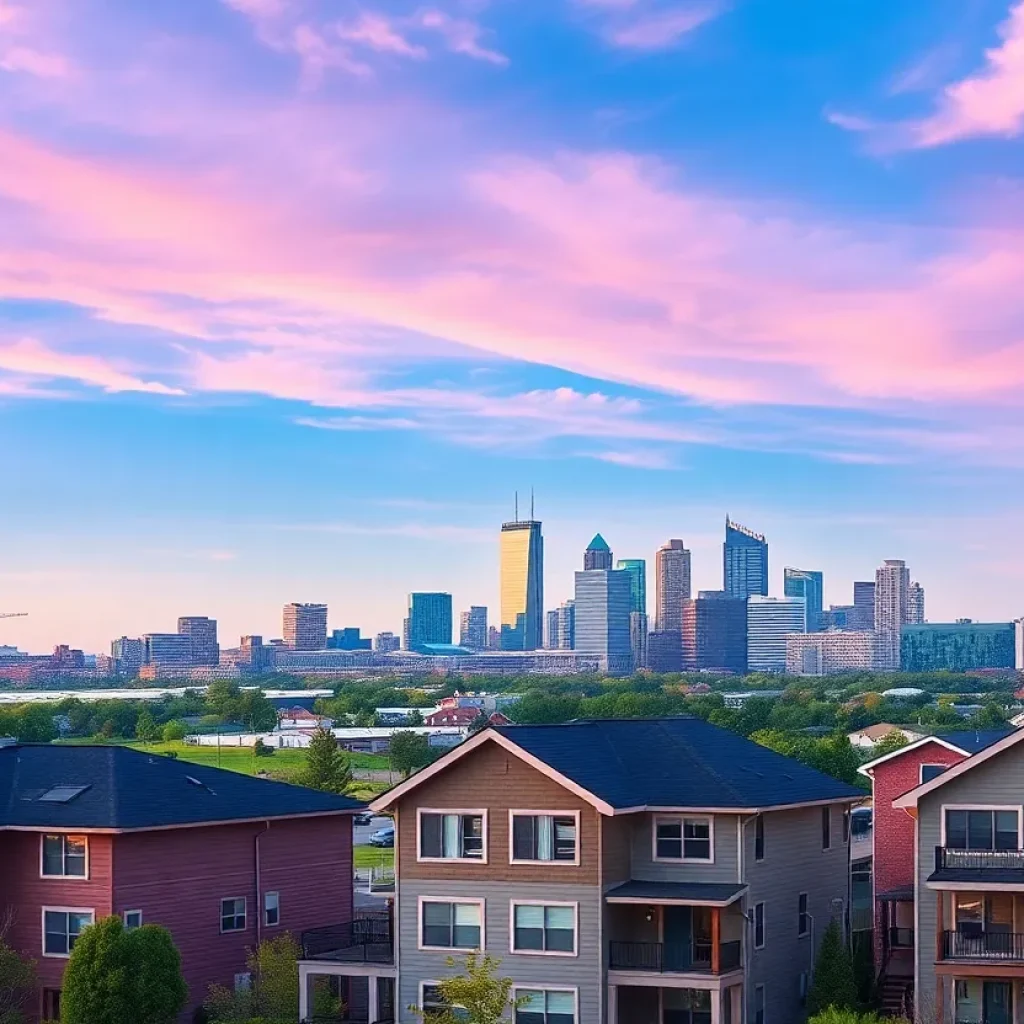 Oklahoma City skyline and homes in a suburban neighborhood