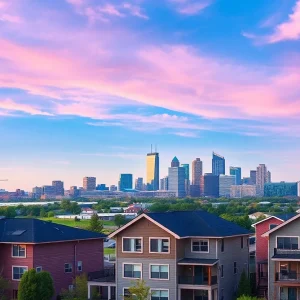 Oklahoma City skyline and homes in a suburban neighborhood