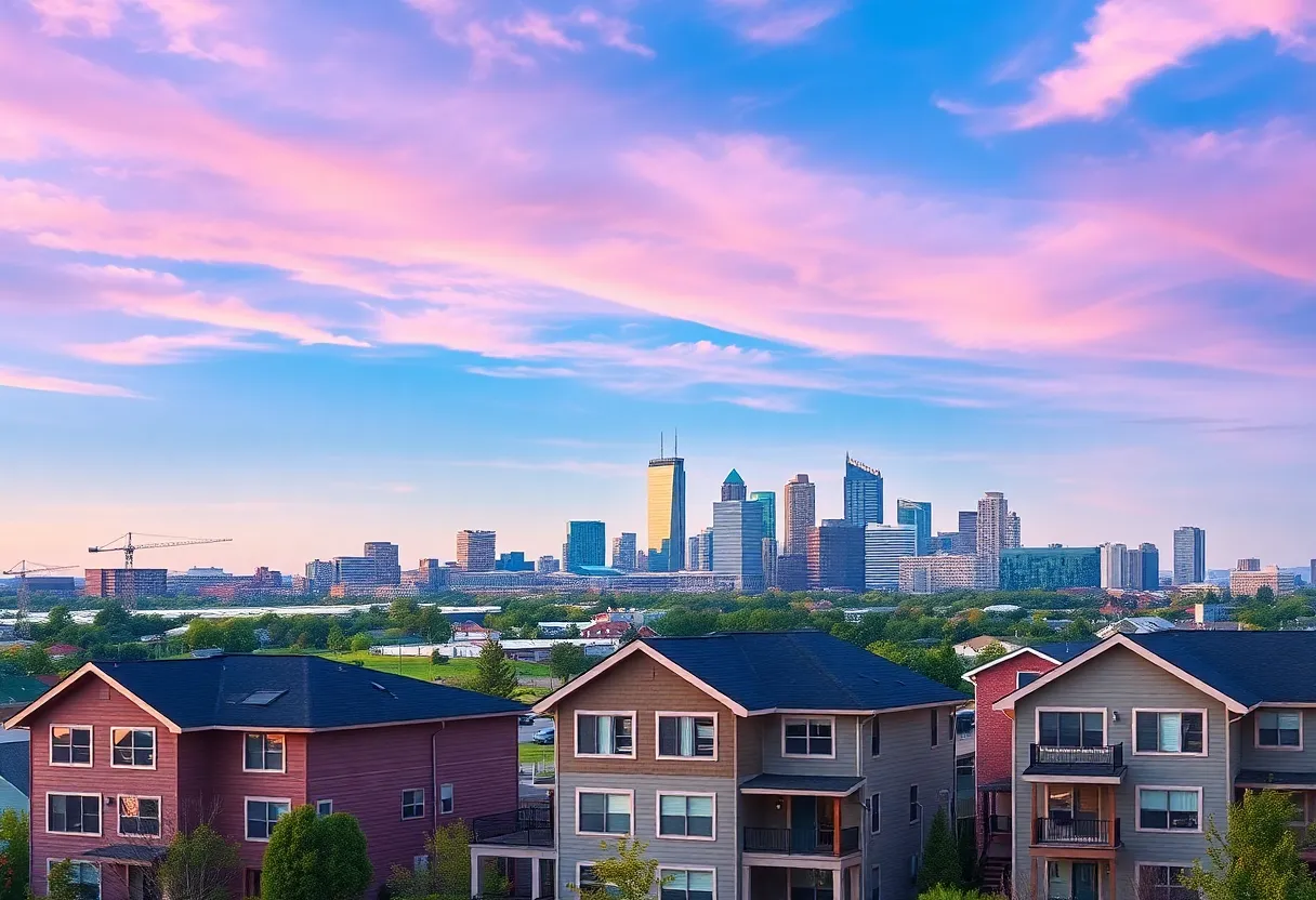 Oklahoma City skyline and homes in a suburban neighborhood