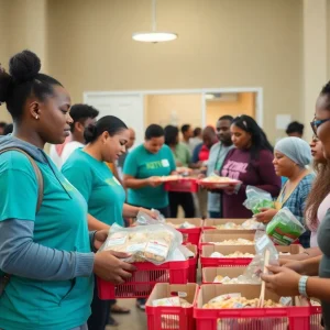 Volunteers distributing meals at an Oklahoma City community center