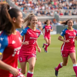 Women's soccer team from Oklahoma City University in action during a match.