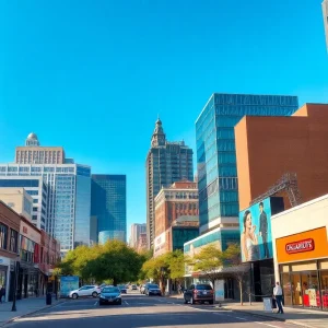 A scenic view of Oklahoma City highlighting tech startups and busy retail areas.