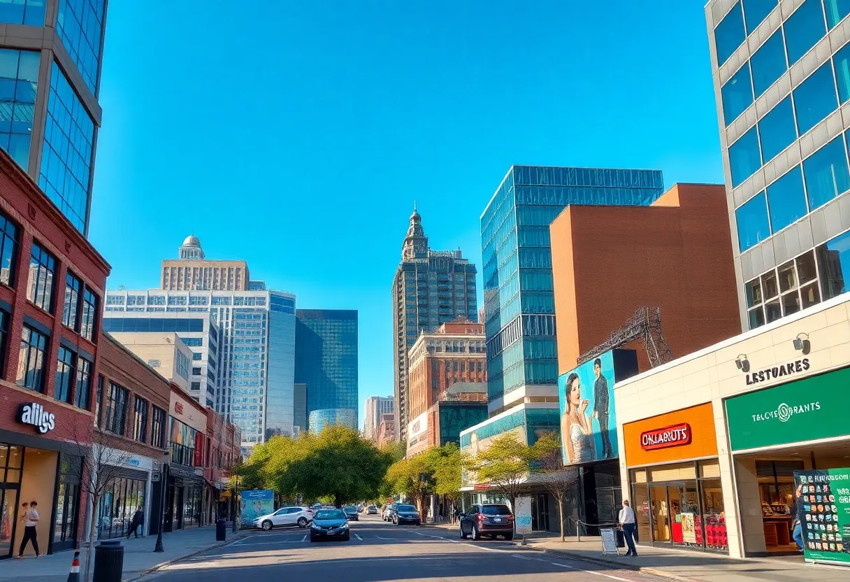 A scenic view of Oklahoma City highlighting tech startups and busy retail areas.