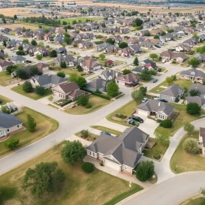Aerial view of Oklahoma City suburban neighborhoods with homes and schools