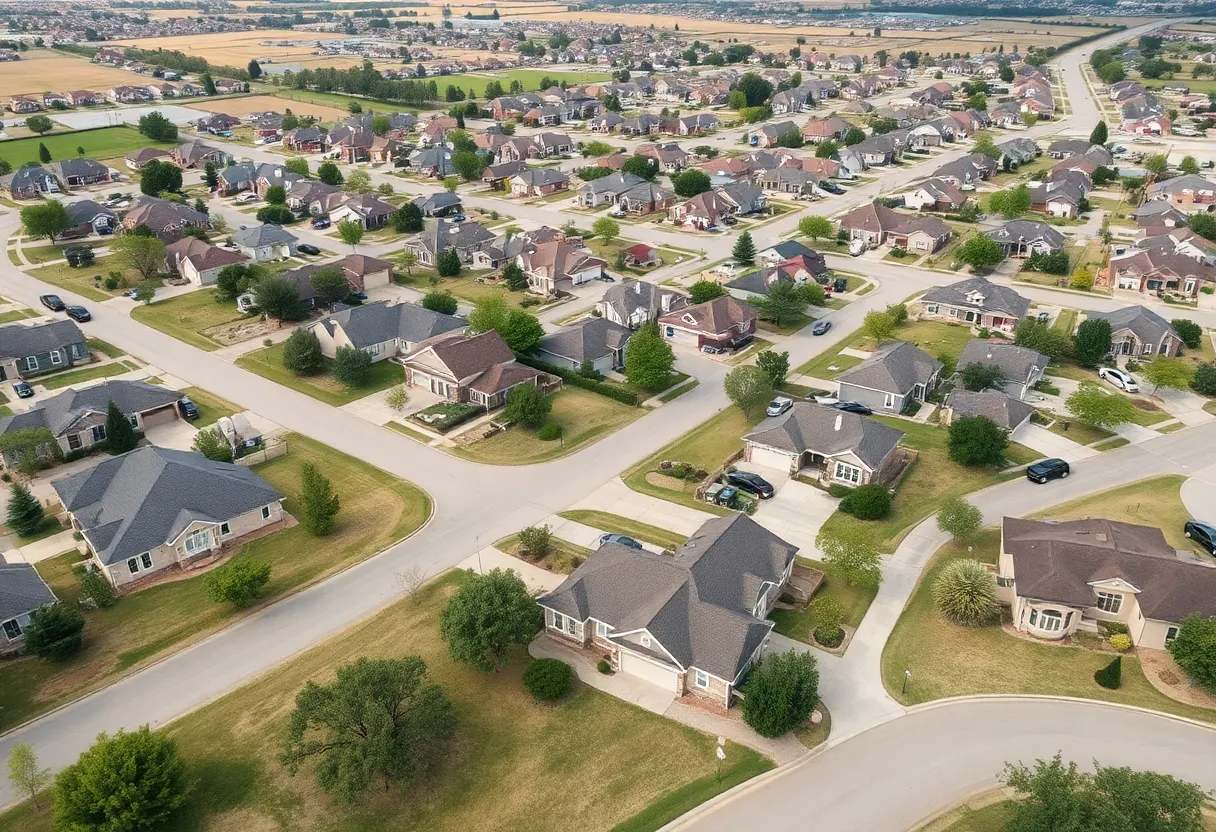 Aerial view of Oklahoma City suburban neighborhoods with homes and schools