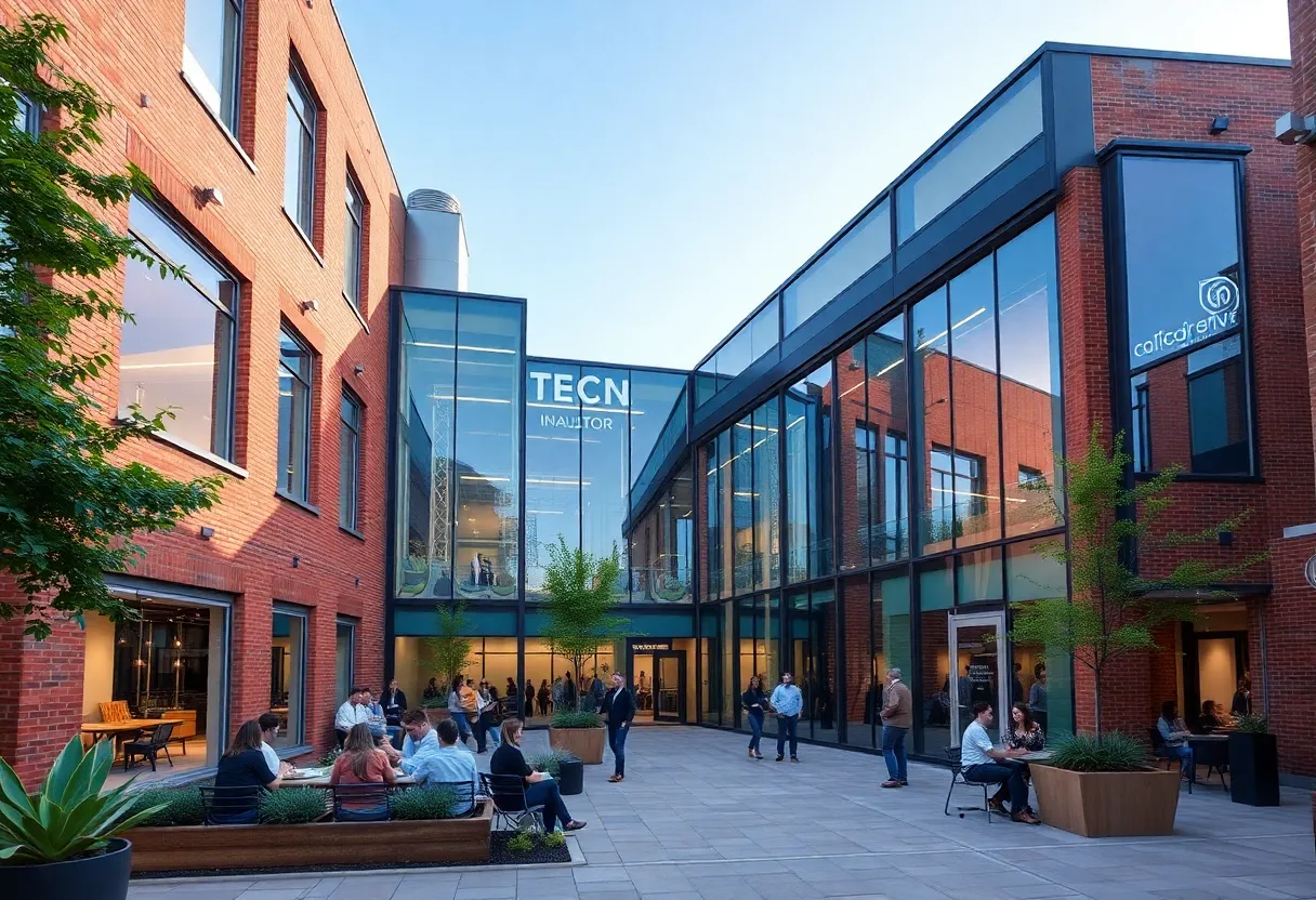 Interior of Oklahoma City's tech startup incubator with entrepreneurs working together.