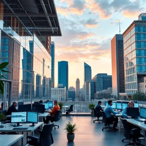 Oklahoma City skyline with technology office buildings representing growth in tech salaries.