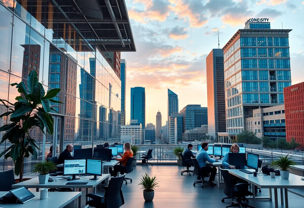 Oklahoma City skyline with technology office buildings representing growth in tech salaries.
