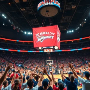 Fans cheering as Oklahoma City Thunder raise their championship banner