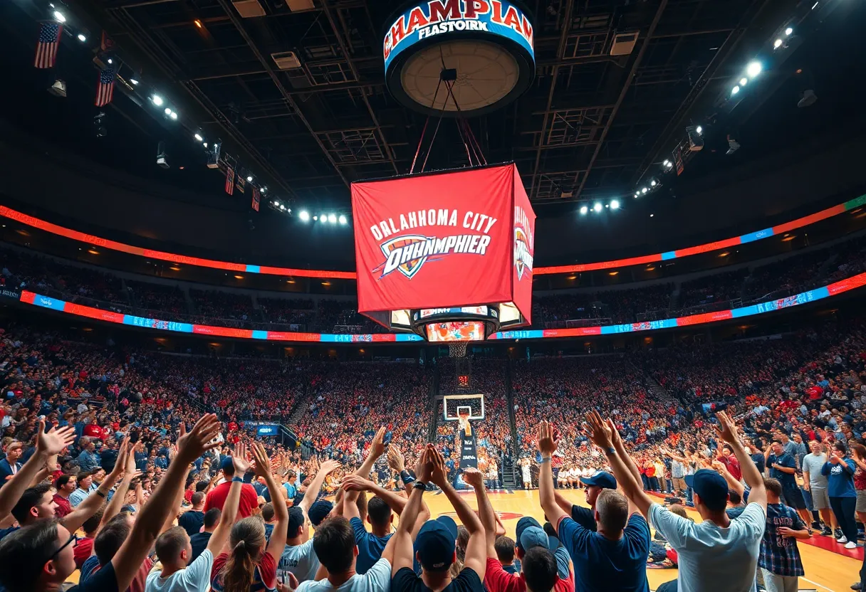 Fans cheering as Oklahoma City Thunder raise their championship banner
