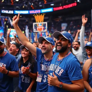 Fans celebrating the Oklahoma City Thunder championship with merchandise and excitement.