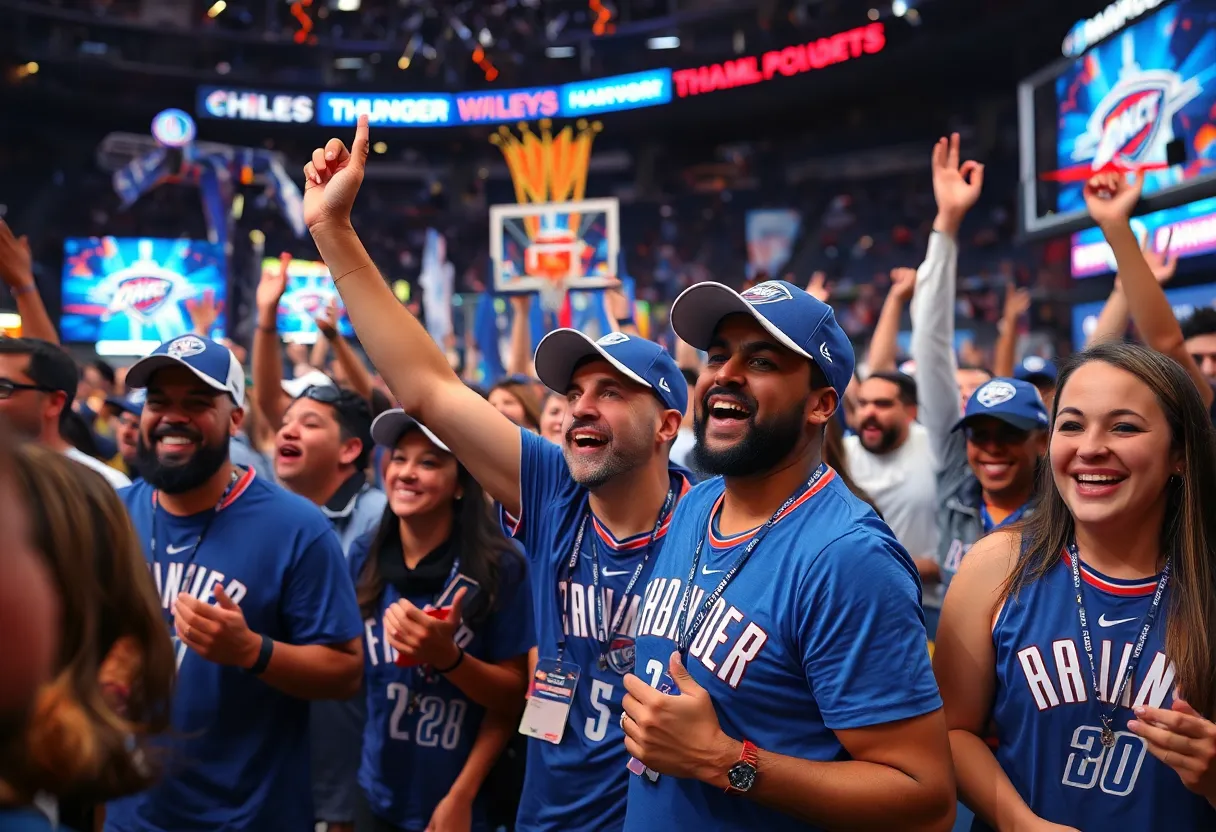Fans celebrating the Oklahoma City Thunder championship with merchandise and excitement.