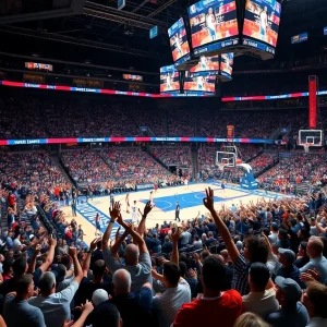 Fans cheering at the Oklahoma City Thunder home opener game.
