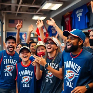 Fans celebrating and buying Thunder merchandise after a game.