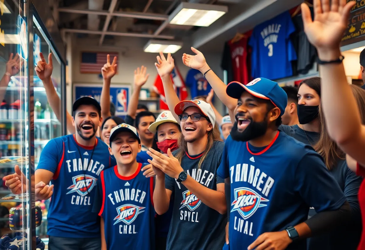 Fans celebrating and buying Thunder merchandise after a game.