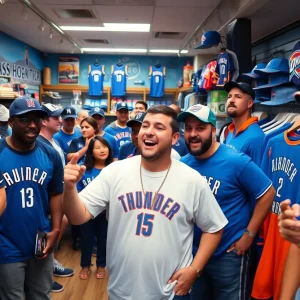 Fans shopping for Oklahoma City Thunder merchandise in a sports store