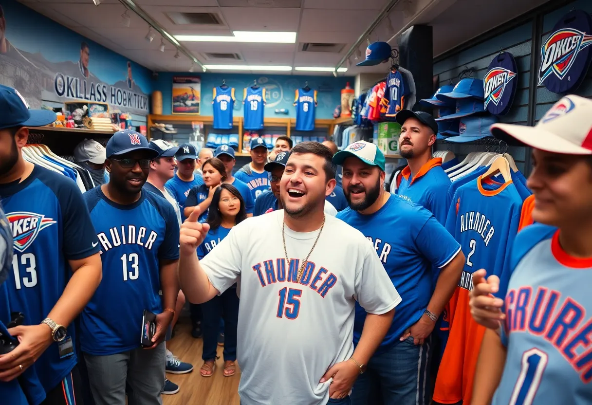 Fans shopping for Oklahoma City Thunder merchandise in a sports store
