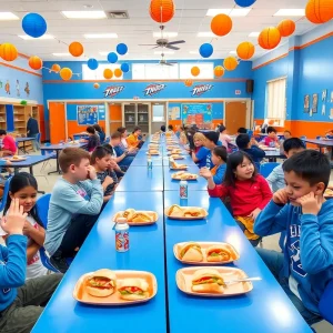 Students enjoying a Thunder-themed lunch in a colorful school cafeteria.