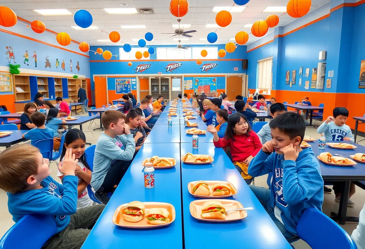Students enjoying a Thunder-themed lunch in a colorful school cafeteria.