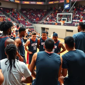 Oklahoma City Thunder players collaborating during a training camp session.