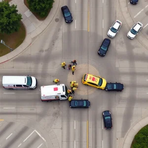 Emergency responders managing a traffic crash at a busy intersection in Oklahoma City.