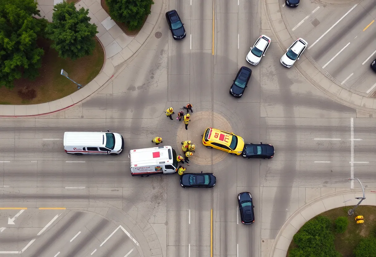 Emergency responders managing a traffic crash at a busy intersection in Oklahoma City.