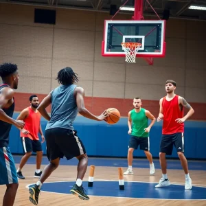 Oklahoma City University basketball players training on the court.