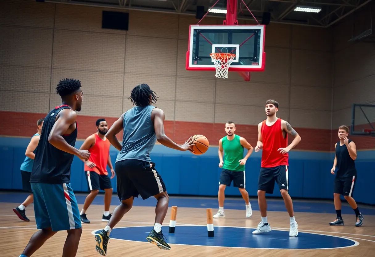 Oklahoma City University basketball players training on the court.