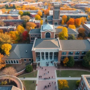 Aerial view of Oklahoma City University campus with students outdoors