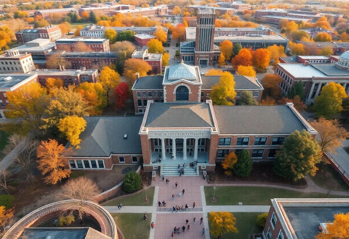 Aerial view of Oklahoma City University campus with students outdoors
