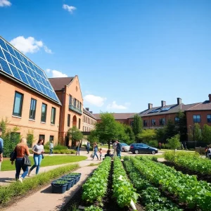 Students participating in sustainability projects at Oklahoma City University with solar panels in the background.